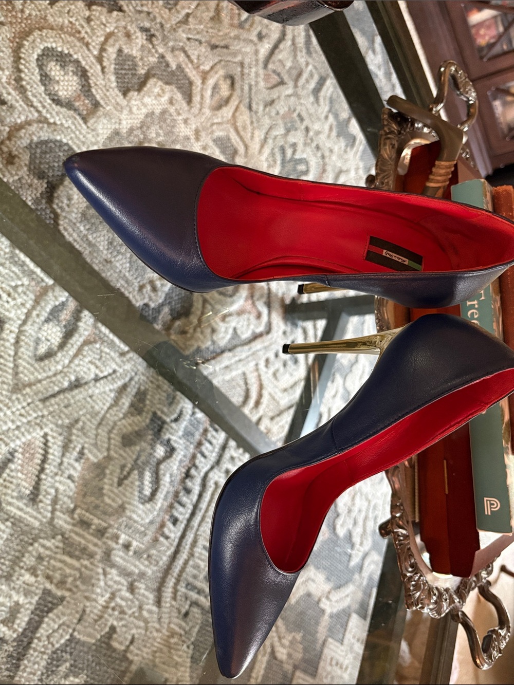 Vero Cuoio Navy Leather Pointed Pumps with Red Interior and Gold Stiletto Heel